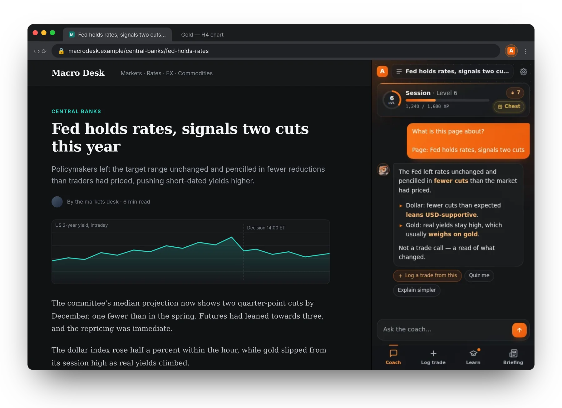 A news article about the Fed in Chrome, with the AI Trade Ideas panel docked on the right explaining what the decision means for the dollar and gold