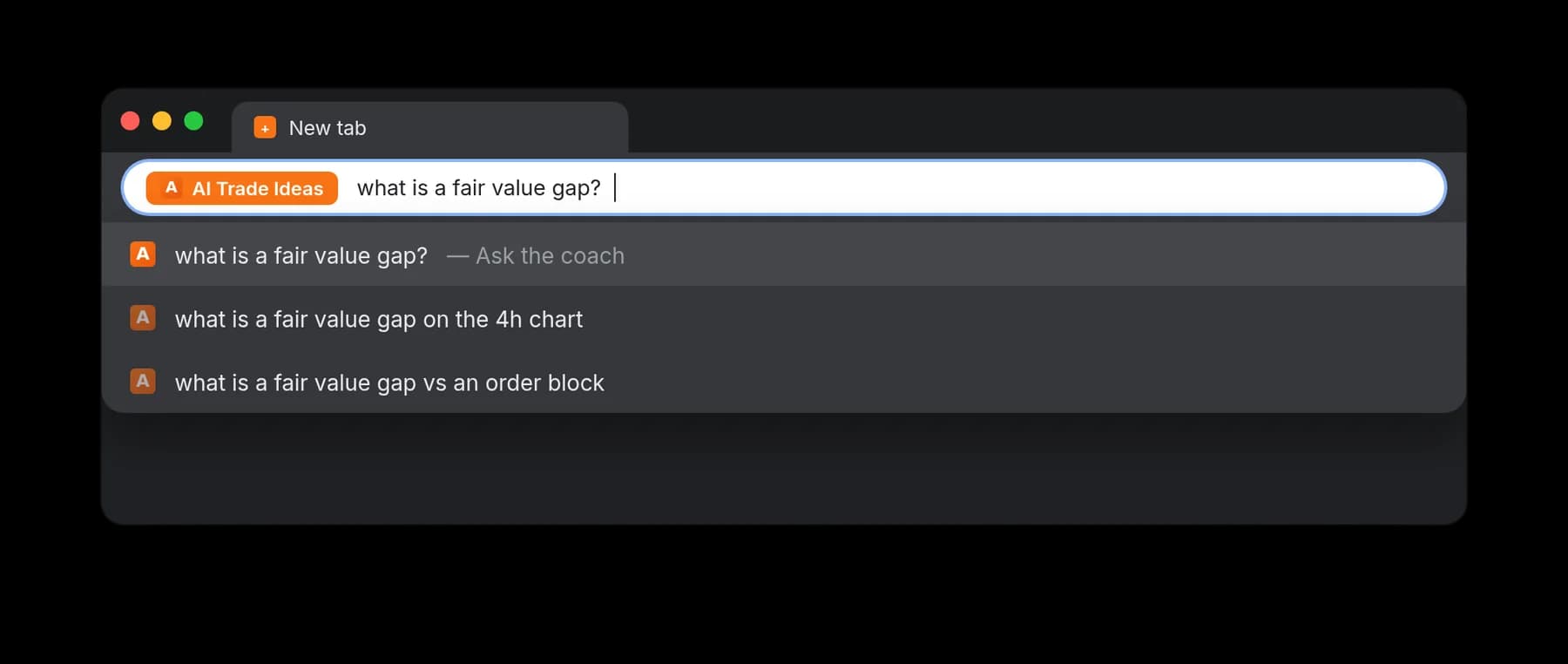 Chrome's address bar in AI Trade Ideas keyword mode with the question “what is a fair value gap?”